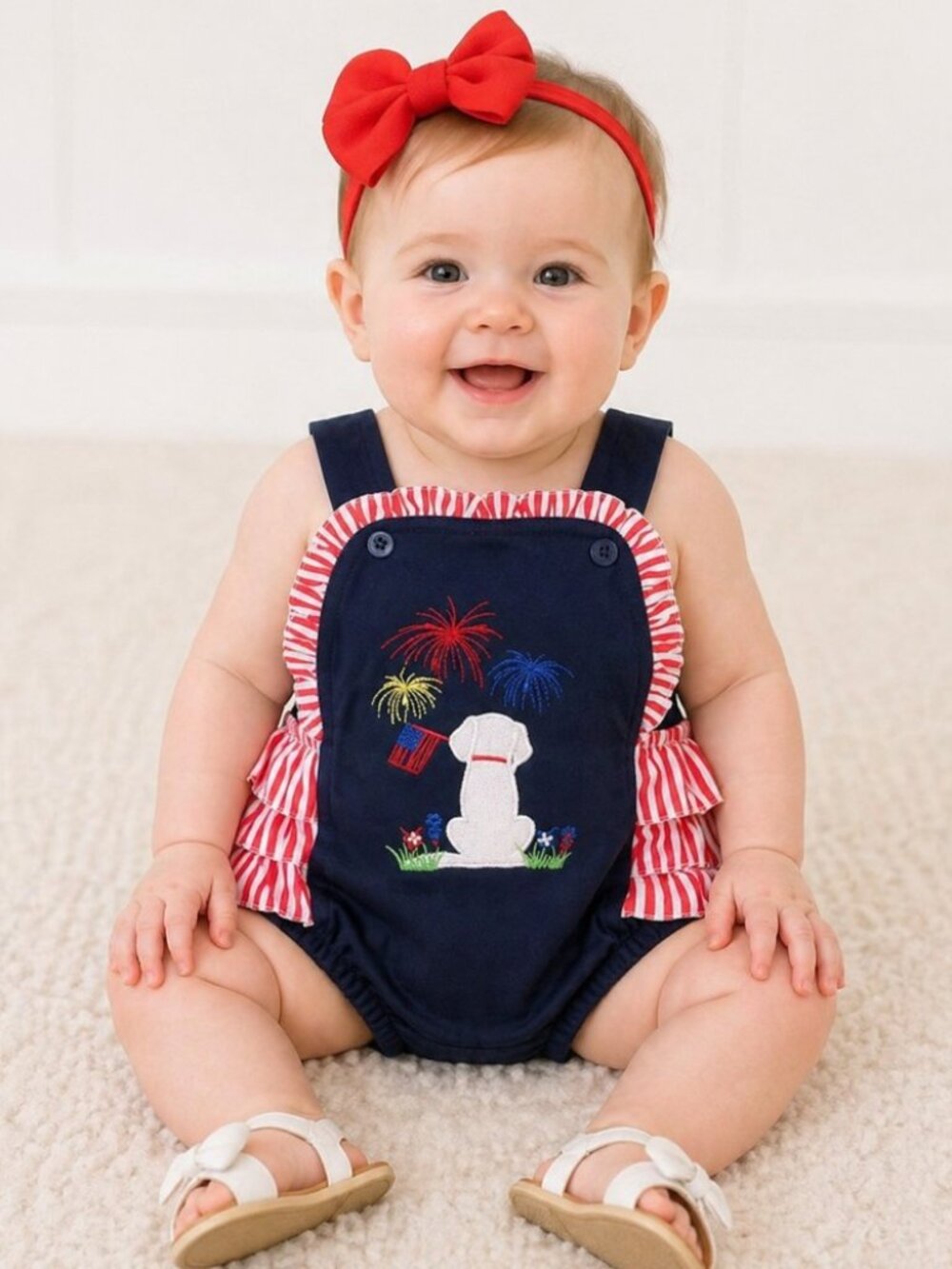 Patriotic Puppy Embroidered Applique Ruffled romper - new